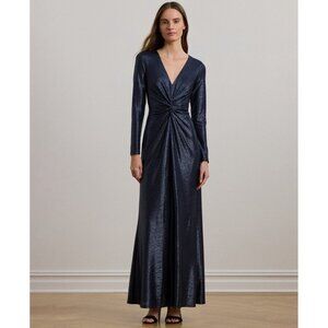 Lauren Ralph Lauren Women Metallic Knit Twist-Front Gown Blue Size 14 MSRP$285